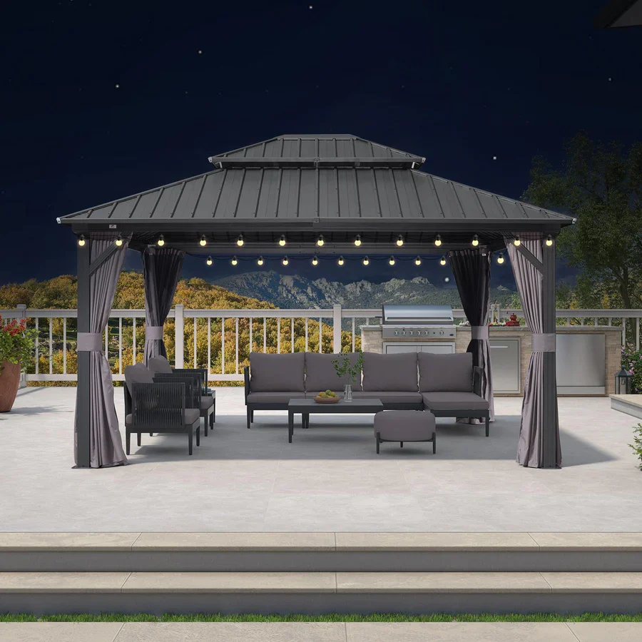 PURPLE LEAF Grey Hardtop Gazebo with Heavy Duty Galvanized Steel Double Roof with String Lights-clear - Image 6