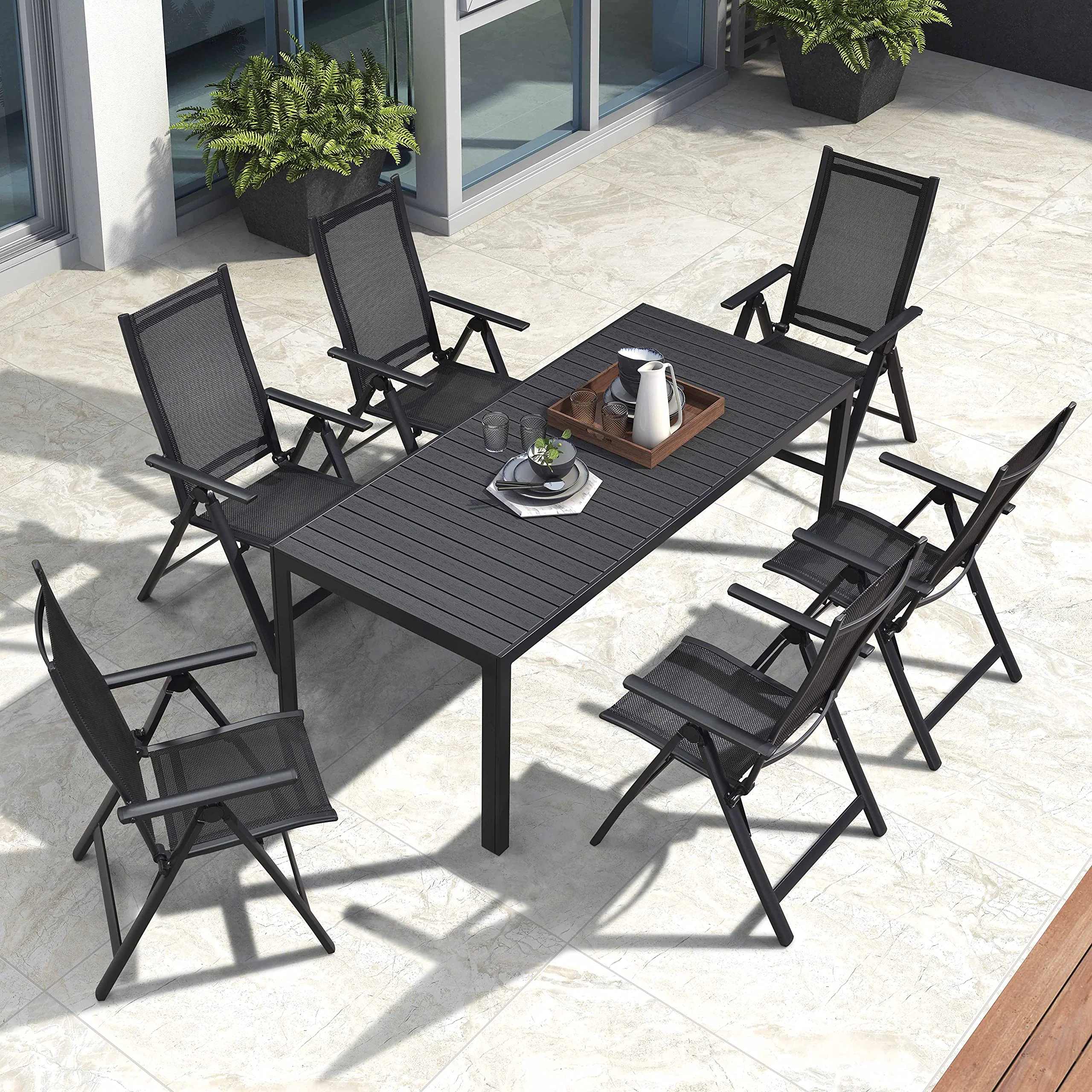 PURPLE LEAF Patio Dining Table with Teak-Finish&Aluminum Frame for Backyard Kitchen - Image 25