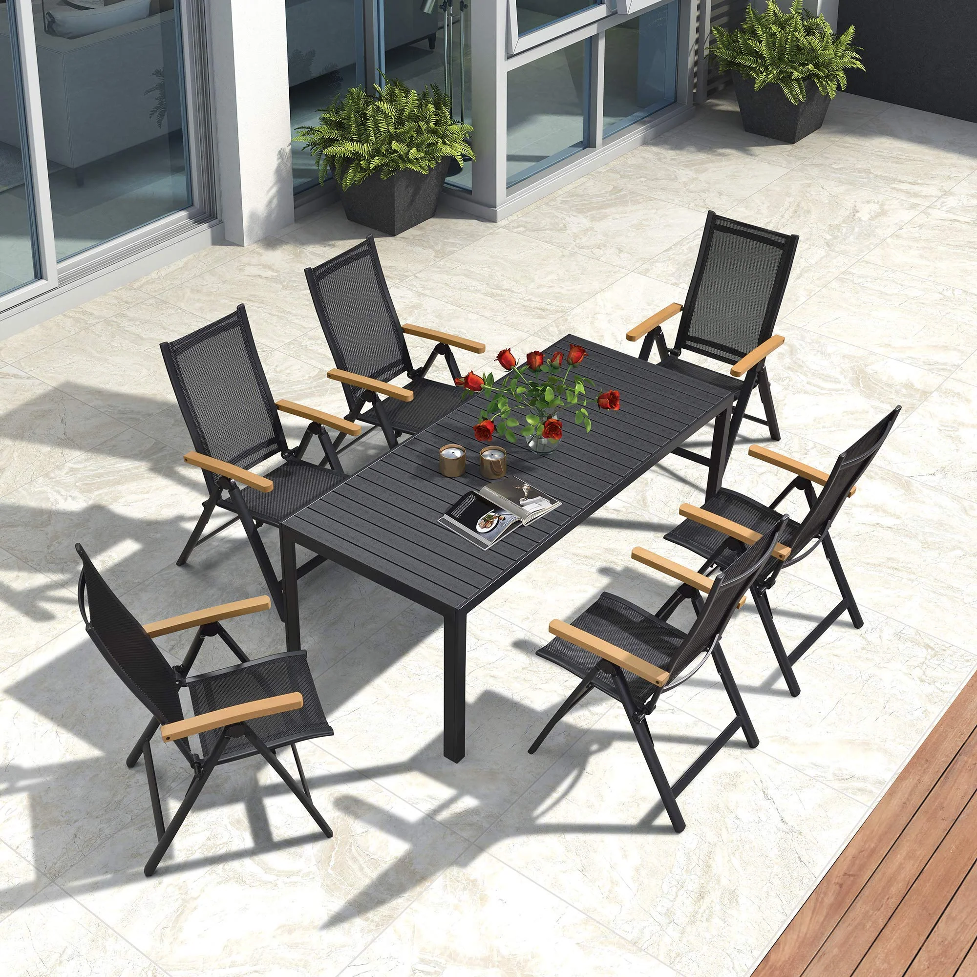 PURPLE LEAF Patio Dining Table with Teak-Finish&Aluminum Frame for Backyard Kitchen - Image 33