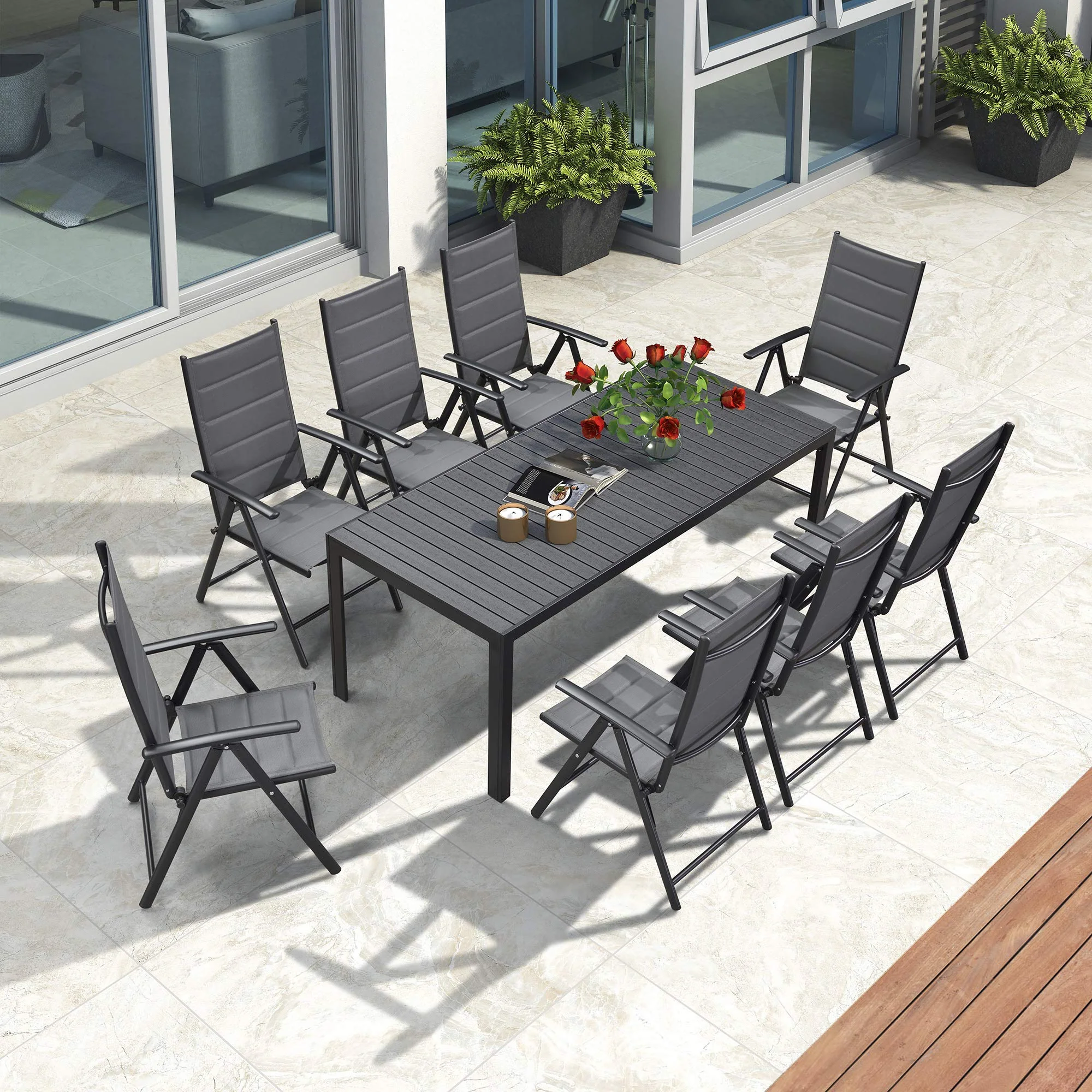 PURPLE LEAF Patio Dining Table with Teak-Finish&Aluminum Frame for Backyard Kitchen - Image 35
