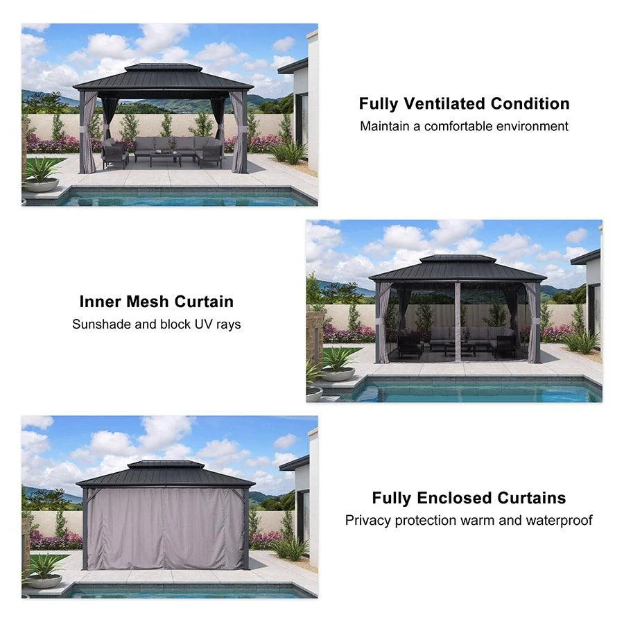 PURPLE LEAF Grey Hardtop Gazebo with Heavy Duty Galvanized Steel Double Roof with Netting and Curtains - Image 14
