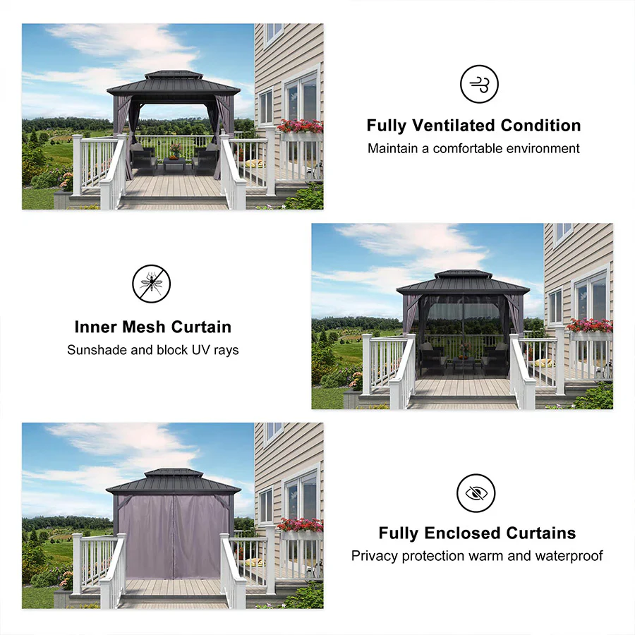 PURPLE LEAF Grey Hardtop Gazebo with Heavy Duty Galvanized Steel Double Roof with Netting and Curtains - Image 21