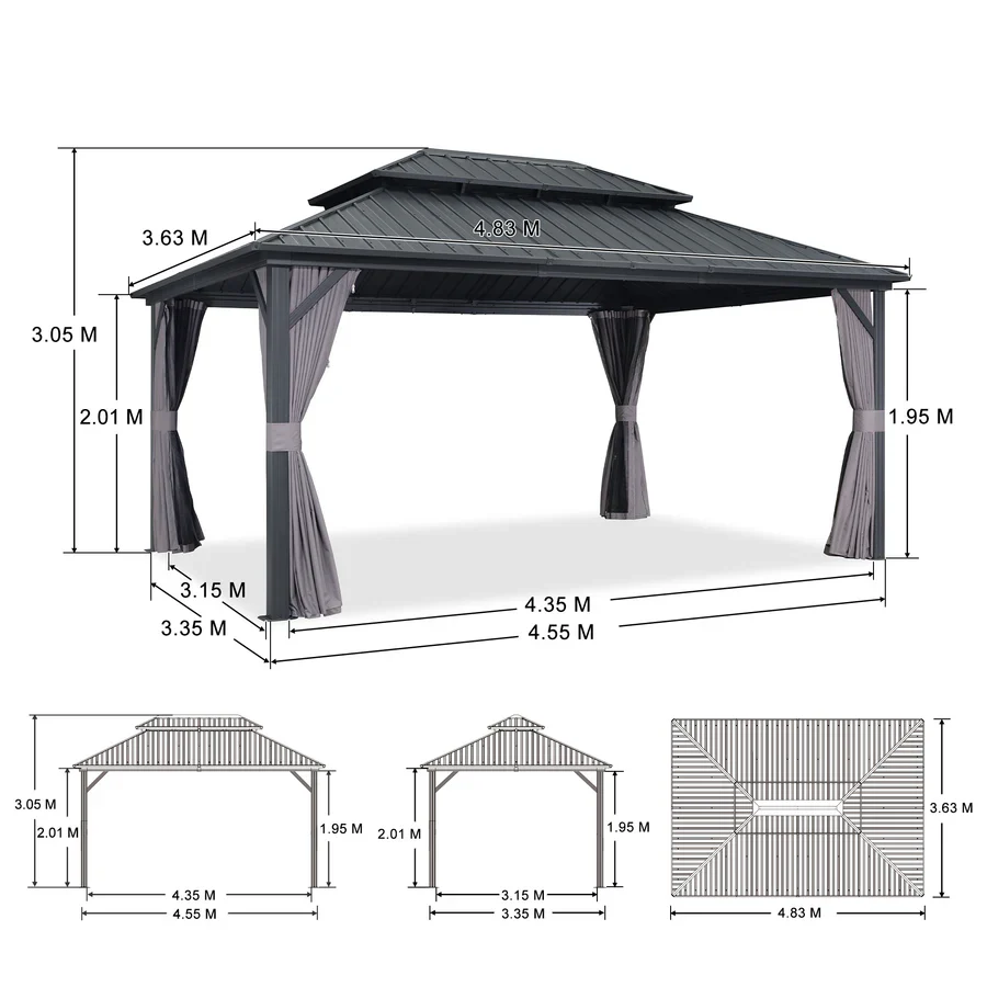PURPLE LEAF Grey Hardtop Gazebo with Heavy Duty Galvanized Steel Double Roof with Netting and Curtains - Image 68
