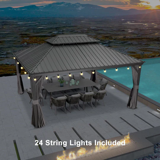 PURPLE LEAF Patio Gazebo for Backyard Grey Hardtop Galvanized Steel Roof Awning String Lights-milky - Image 19