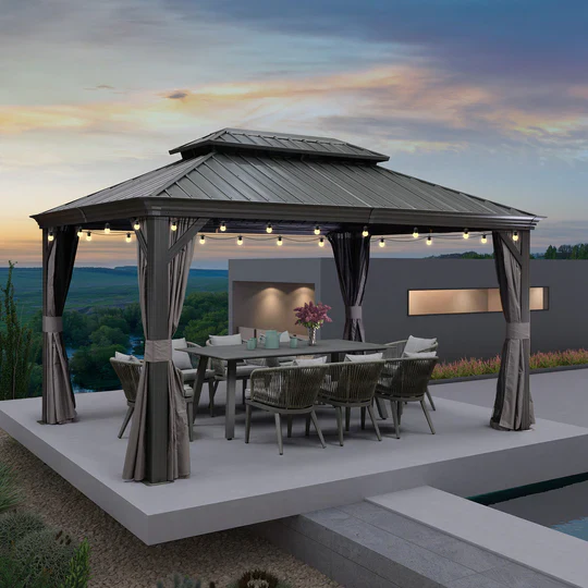 PURPLE LEAF Patio Gazebo for Backyard Grey Hardtop Galvanized Steel Roof Awning String Lights-milky - Image 22