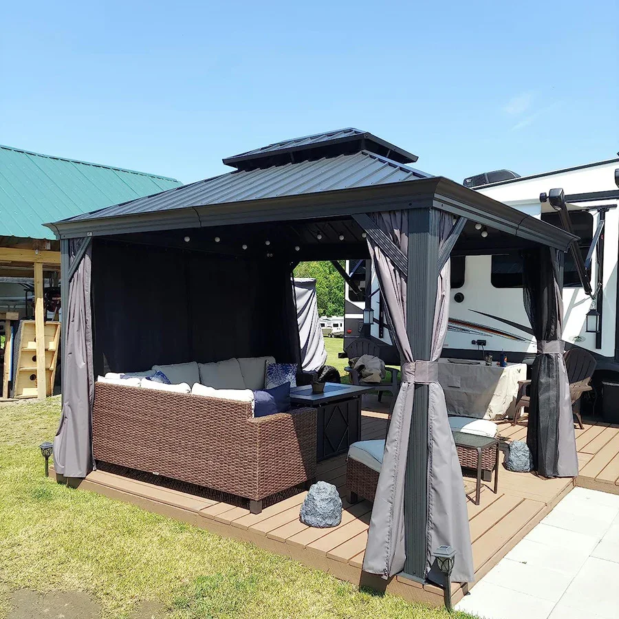 PURPLE LEAF Patio Gazebo for Backyard Grey Hardtop Galvanized Steel Roof Awning String Lights-milky - Image 27