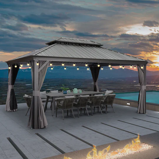 PURPLE LEAF Patio Gazebo for Backyard Grey Hardtop Galvanized Steel Roof Awning String Lights-milky - Image 8