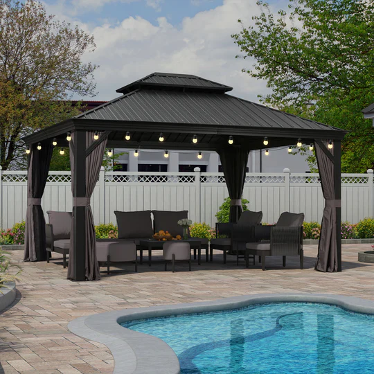PURPLE LEAF Patio Gazebo for Backyard Grey Hardtop Galvanized Steel Roof Awning String Lights-milky - Image 9
